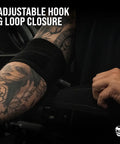 Weightlifting Elbow Wraps 40 Inch 1 Pair Flexible Elbow Compression Straps For Real Joint Support And Solid Stability In Bench Press Powerlifting And Pressing Moves Black on arm