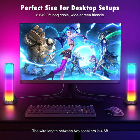 RGB PC Gaming Speakers With Full Screen LED Breathing Light And 4 Dynamic Modes, 2.0 Channel Stereo Sound next to a monitor