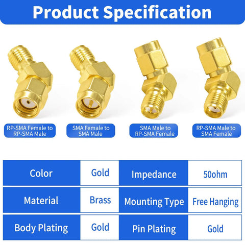 FPV Antenna Adapters SMA To RP-SMA 45 Degree Connector Kit 4 Pack For FPV Drones And Goggles Low Loss 50 Ohm Brass Gold