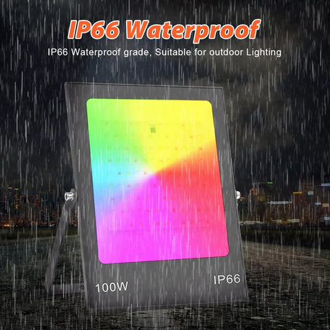 Led Floodlight RGB Ac220V 100W Flood Light Color Changing shown in rain, highlighting IP66 waterproof feature.