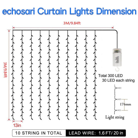 Diagram of Battery Operated Curtain Lights 300 LEDs 9.8ft By 9.8ft Fairy String Lights dimensions with remote and timer.