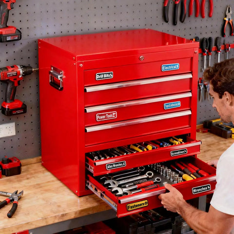 Man organizing red tool chest with Magnetic Tool Box Label Kit 24 Pack With 3D Printed Magnetic Backing, Color Coded System
