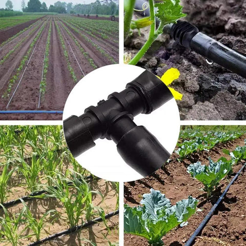 100Pcs Drip Irrigation Connectors Fittings Kit For One Half Inch Tubing Including 30 Tees 30 Couplings agricultural setup view