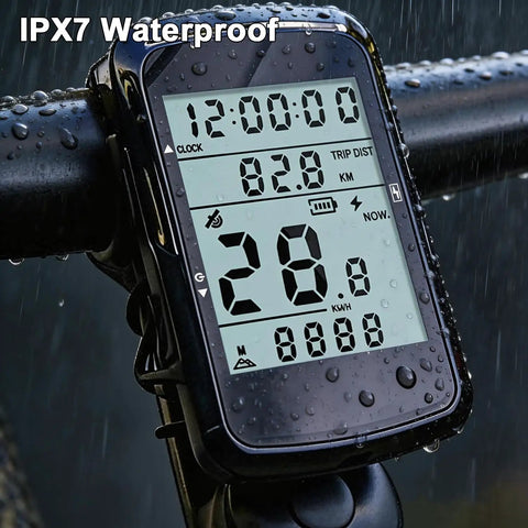 GPS Cycling Computer With Wireless Ride Data, IPX7 Waterproof Bike Speedometer Odometer displaying ride data on handlebars.