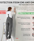 Woman installing Faraday Fabric Kit with conductive tape for EMI and EMF protection on wall