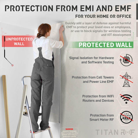 Woman installing Faraday Fabric Kit with conductive tape for EMI and EMF protection on wall