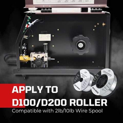 MIG Welder 175A With Aluminum Spool Gun showing wire spool compatibility, inner mechanism, and D100/D200 roller detail