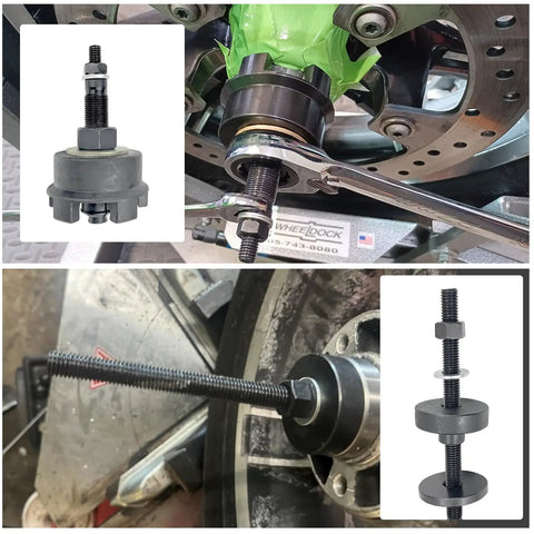 All In One Motorcycle Wheel Bearing Puller Tool Kit For Most Models With 25mm Bearings, Easy Removal And Installation in use