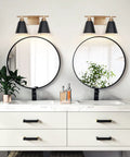 4 Light Black And Gold Vanity Light With Metal Shade Dope Modern Farmhouse Style Over Mirror in bathroom setting