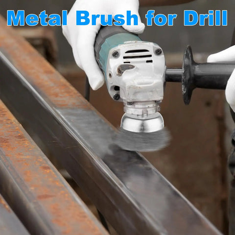 9 Pack Drill Wire Brush Set With One Quarter Inch Hex Shank For Rust Removal And Tough Scrub On Surfaces Cup Wheel And Pen Brushes In Carbon Steel image showing cup brush attached to drill cleaning metal surface