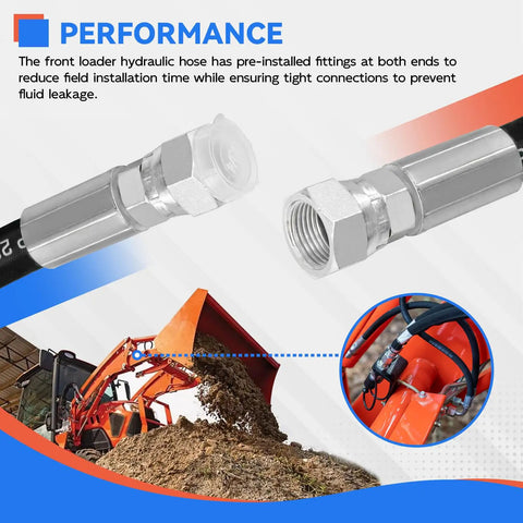 Front Loader Hydraulic Hose Kit For Boom And Bucket Cylinders, Beefed-Up Heavy Duty Replacement Set 7J303-76610, 75535-66620, 7J999-95562 Fits LA350A LA401 LA402 LA402-1 With Durable Hoses For Smooth Operation close-up of hose fittings and loader in action