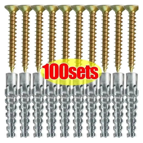 100 sets of Beefy Self Drilling Metal Serrated Expansion Screws Set For Concrete Walls And Fasteners Kit, rustproof galvanized steel