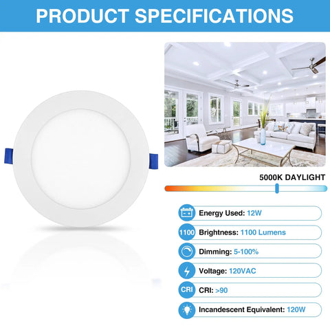 Heavy Hitter 6 Inch Slim Recessed Led Downlight With Junction Box Ic Rated Dimmable Can Light 5000k Daylight frosted lens with specs