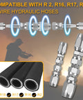 3-pack hydraulic hose repair kit with reusable metal fittings for 1/4, 3/8, and 1/2 in hoses; exploded view shows fittings and black hoses