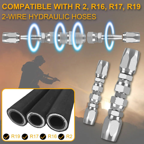 3-pack hydraulic hose repair kit with reusable metal fittings for 1/4, 3/8, and 1/2 in hoses; exploded view shows fittings and black hoses