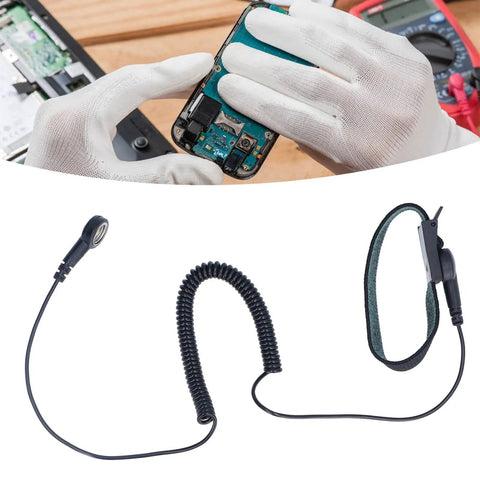 ESD Wrist Strap With Grounding Wire And Extendable Long Cord, Reusable Anti Static Bracelet For Electronics Work, Quickly Eliminates Static Buildup, Stay Grounded All Day, Comfortable Black Frame, Durable Ground Connection shown with electronics work