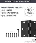 Oil Rubbed Bronze Interior Door Hinges Set, 18 Pack, 3.5 X 3.5 Inch Beefy Heavy Duty Hinges with screws shown in package contents.