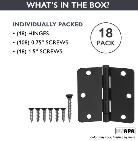 18 Pack Satin Nickel Interior Door Hinges 3.5 X 3.5 Inch For Doors Closets Bathrooms Living Rooms Durable Iron Construction With 1/4 Radius Design For Cabinets And Vanities, includes screws and hinge detail