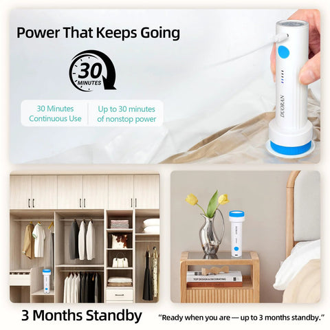 DUORAN cordless electric vacuum pump, white with blue accents, USB rechargeable; shown in closet and on nightstand.