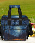 Dope Insulated Picnic Backpack With Lunch Box for Women And Men, outdoor setting, galaxy design, visible food and drinks.