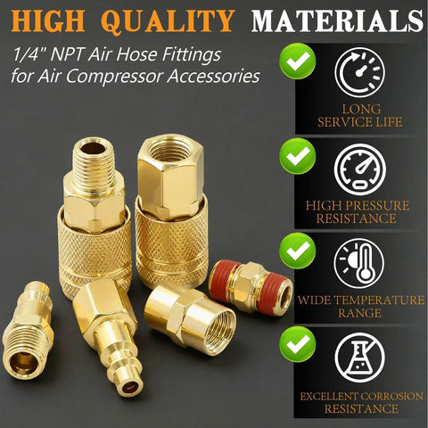 Beefed Up Quick Connect Hose Fittings Kit For Air Compressors 1/4 Inch NPT With 360 Degree Swivel Couplers And Plugs 22 Piece Set Includes Nipples Teflon Tape For Pro DIY Air Tool Setup brass 1/4 NPT fittings