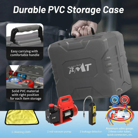 Vacuum Pump And Gauge Set Pro Grade With 4.5 CFM Rating 3 Way Aluminum Manifold Gauge Leak Detector And PVC Storage Case For R134A R410A R22 R404A Refrigerants And Home AC Maintenance displayed with accessories in PVC case