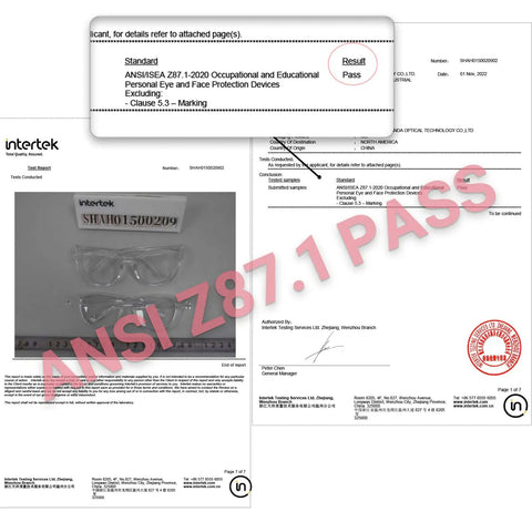 Certification document displaying ANSI Z87.1 pass for Anti Fog Safety Glasses For Healthcare Workers.