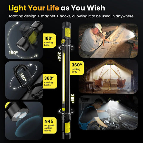 Ultra Bright 3000 Lumen LED Work Light With Magnetic Base And Hooks, Cordless 5200mAh Battery For Auto Pros displayed in various uses.