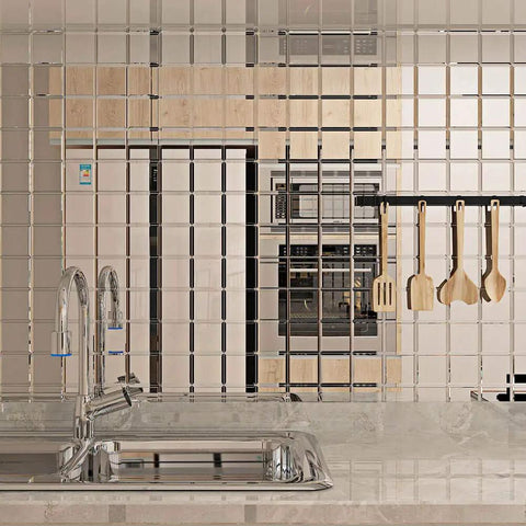 Beveled Mirror Tiles 80 Pcs 3 Inch Silver Square Glass Tiles for kitchen backsplash with sink reflection