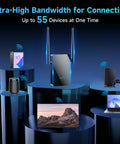 4X Faster WiFi Extender With Ethernet Port, Long Range Home Signal Booster displayed with multiple devices connected, black