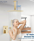 Brushed Nickel Ceiling Mount Rainfall Shower Head System With 10 Inch Square Head, woman enjoying shower in bath setting