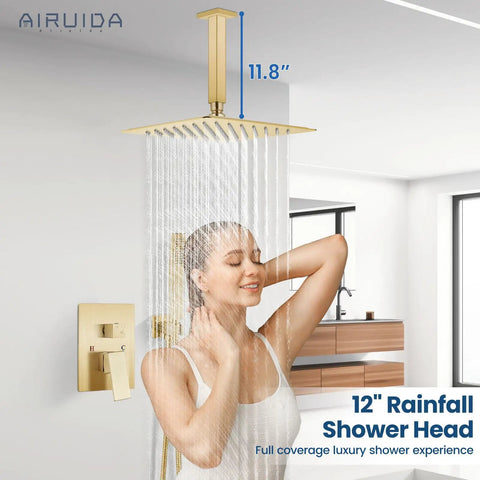 Brushed Nickel Ceiling Mount Rainfall Shower Head System With 10 Inch Square Head, woman enjoying shower in bath setting