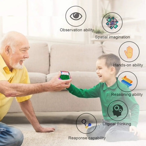 Elderly man and child playing with Speed Cube Bundle Set Of 2x2 3x3 4x4 Megaminx And Pyramid Puzzles Stickerless Smooth Turning Five Pack