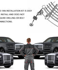 Heavy Duty Electric Cooler Tie Down Kit Street Ready Radiator Fan Zip Ties installation guide without drilling, car mechanic observing vehicles.