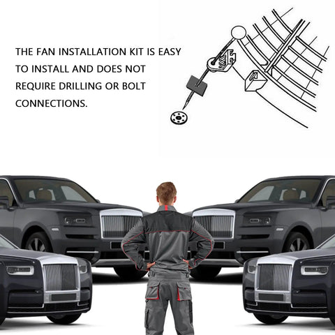 Heavy Duty Electric Cooler Tie Down Kit Street Ready Radiator Fan Zip Ties installation guide without drilling, car mechanic observing vehicles.