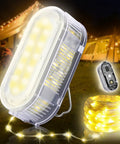 All In One Camping String Light Rope 21 Ft Waterproof LED 3000LM USB Rechargeable with Power Bank, tents in background