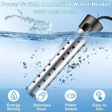High Power 1500W Immersion Water Heater That Heats Five Gallons Fast In Minutes With A Stainless Steel Guard Cover And Easy Switch