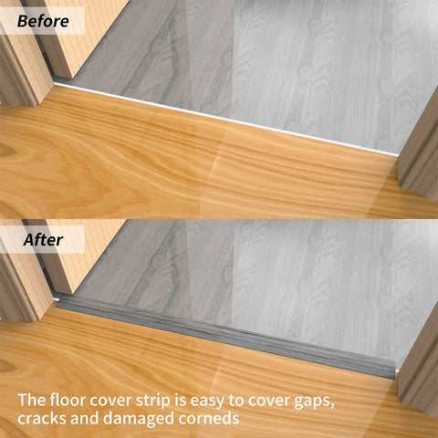 Before and after installation of 10 Foot Self Adhesive Floor Transition Strip In Gray Wood Grain Design, showing smooth walkway.
