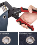 3/8 Inch Grommet Tool Kit With Magnetic Punch in use on leather with front and back side eyelet effects shown