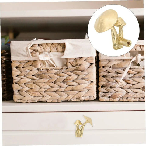 Brass Mushroom Cabinet Knobs And Drawer Pulls 2 Pack Polished Brass Handles for rustic wicker baskets on white shelf