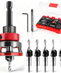 Top Shelf Nine Piece Countersink Drill Bit Set With Five Killer HSS Sizes And Adjustable Depth Stop Collar Plus Wrench, displayed in red case with bits.