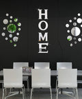 Dope 30 Piece Living Room Mirror Wall Decor Set With HOME Letter Signs And Acrylic 3D Decals over dining table and chairs.