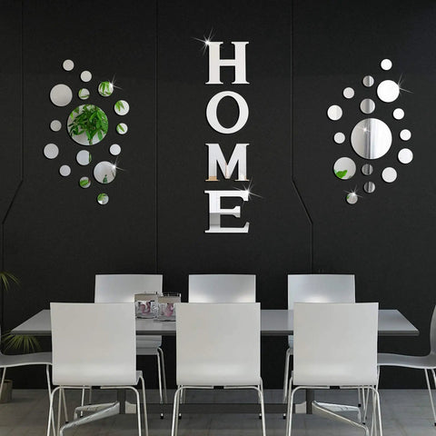 Dope 30 Piece Living Room Mirror Wall Decor Set With HOME Letter Signs And Acrylic 3D Decals over dining table and chairs.