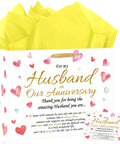 Anniversary Gift Bag For Hubby With Greeting Card And 3 Tissue Paper Romantic Heart Theme Wrap Bag For Men, yellow tissue shown