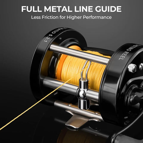 Rover Round Baitcasting Reel For Right Handed Fishing, Heavy Duty Aluminum Side Plates, CNC Spool with Yellow Line, Brass Gears