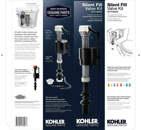 Silent Fill Toilet Valve Kit with Adjustable Fill Rate Inserts, Low Noise Tank Fill, GP1138930 packaging and contents