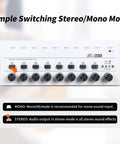 Front view of 8 Channel Stereo Line Mixer For Sub Mixing With Ultra Low Noise Operation, Independent Channel Volume Controls, great for guitar and digital keyboard, perfect for bar gigs, white finish, showcasing stereo/mono mode.