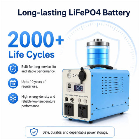 Heavy Duty LiFePO4 Portable Power Station 300W 500W Pure Sine Wave AC Output, showcasing blue unit with LED display and dual AC outlets.
