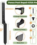 Heavy Duty Fence Post Repair Kit 4 Pack Steel Post Stakes With Galvanized Screws Wrench And Hex Key For Quick Fence Fixes On Tilted Or Broken Wood Posts Black, showing measurements and included hardware.
