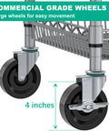 Close-up of 4-inch commercial-grade wheels on a Heavy Duty 3 Tier Metal Utility Rolling Cart With Wheels For Kitchen Garage Office And Commercial Use.